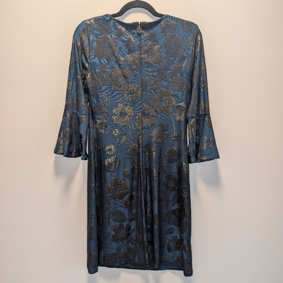 Tommy Hilfiger Blue & Gold Brocade Bell Sleeve Dress Size 4 - Picture 4 of 6